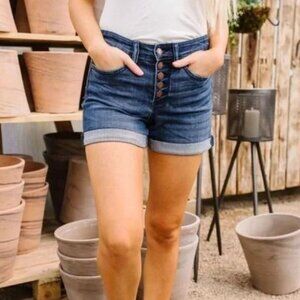 Judy Blue High Waist Button Fly Cuffed Denim Shorts in Dark Wash Blue Size 30